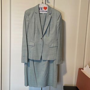 Sea foam green heather wool dress (thin grey) suede belt and matching jacket.